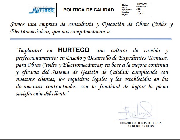 POLITICA DE CALIDAD ISO 9001 HURTECO